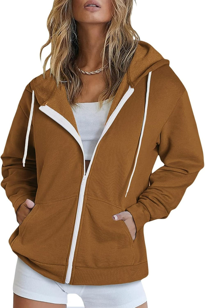 Maavoki Damen Zip Hoodie Langarm Kapuzenpulli Fleece Outwear Jacken Herbst Winter Sweatjacke A-braun