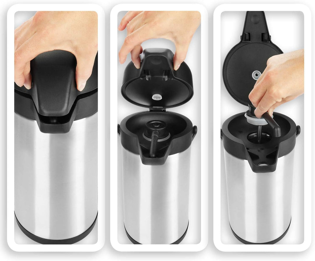 com-four® 2,2L Isolier-Pumpkanne - 2,2 Liter Airpot aus Edelstahl - Doppelwandige Thermoskanne mit P