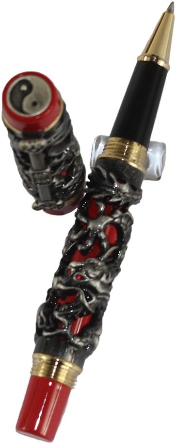 Gullor Edelste Drache und Phoenix Rollerball mit PU-Leder-Feder-Beutel - Antik Silber und Rot Antiqu