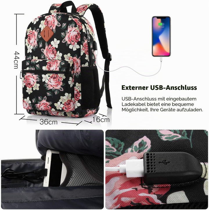 YAMTION Schulrucksack für Mädchen, Schultasche, Mädchen, Rucksack, Damen, Rucksack, Laptop, für Reis