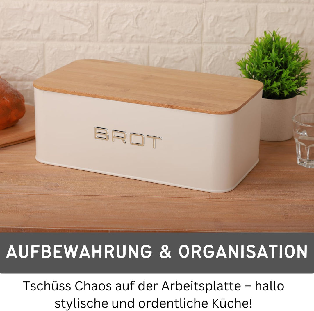 Brotkästen Metall mit Bambusdeckel – Moderne Brotbox Küche – Brot aufbewahren Inkl. Baumwollbeutel –