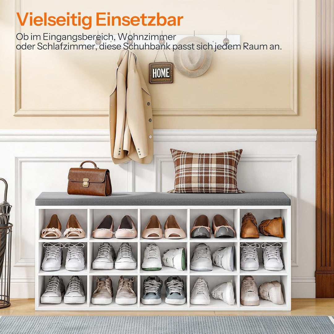 HOOBRO Schuhbank mit 15 Fächern, Schuhregal mit gepolsterter Sitzbank, Schuhschrank, 110 x 30 x 48 c