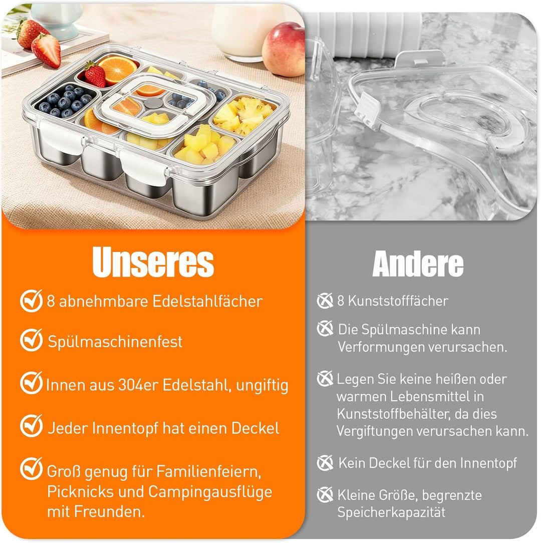 Snackbox mit 8 Edelstahl Fächern Tragbar Snack Aufbewahrungsbox mit Deckel und Griff, Auslaufsichere