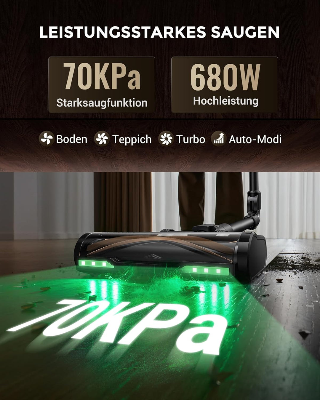 Proscenic P20 Staubsauger mit Wischfunktion, 70KPa 70 Mins 680W Akku Staubsauger Kabellos mit Selbst