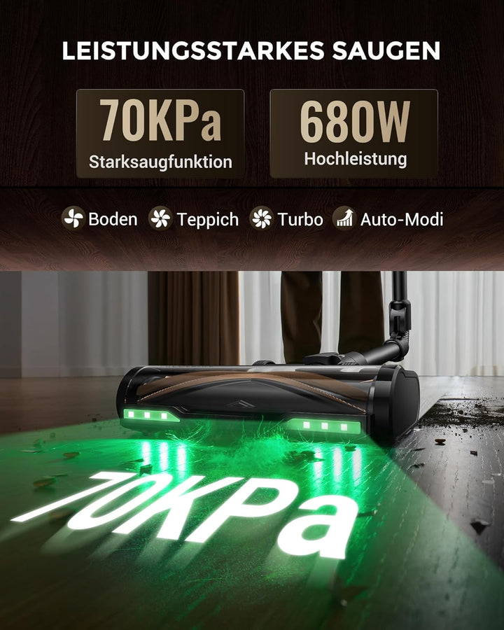 Proscenic P20 Staubsauger mit Wischfunktion, 70KPa 70 Mins 680W Akku Staubsauger Kabellos mit Selbst