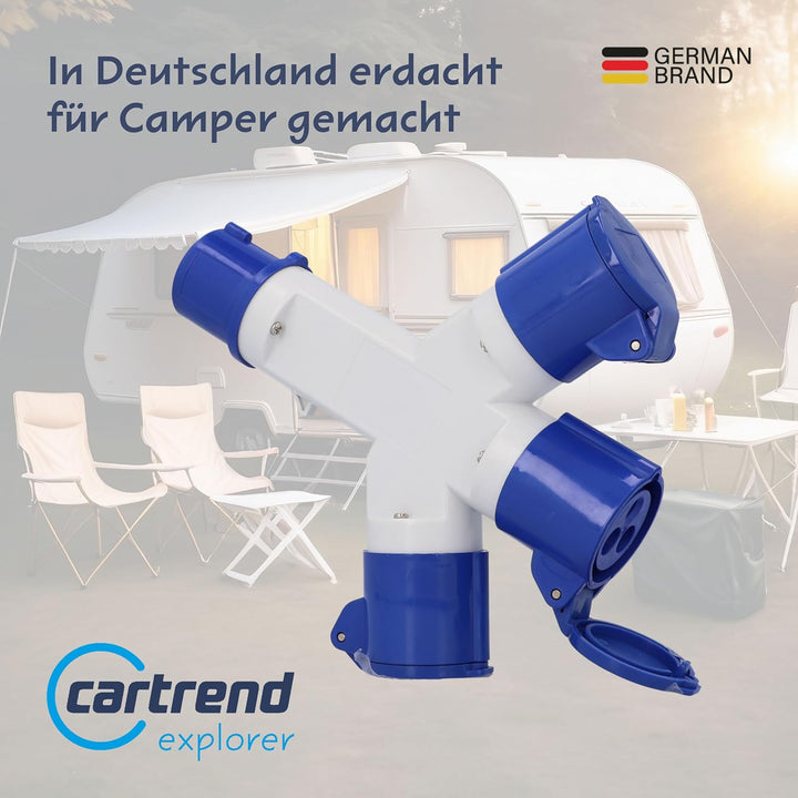 cartrend Explorer CEE Mehrfachverteiler mit 1 CEE-Stecker & 3 CEE-Kupplungen mit Klappdeckeln, geeig