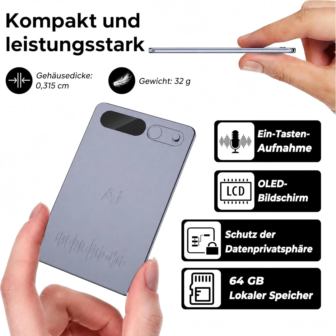 KI Diktiergerät, Diktiergerät Mini 64 GB, Schwarzes Gehäuse | Gestützte Transkription und Zusammenfa