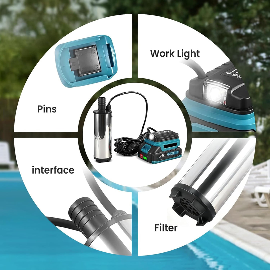 Tragbare Wasserpumpe Sumpfpumpe für Makita 18V Lithium Akku, 21V Transferpumpe mit 5m kabel, Elektri