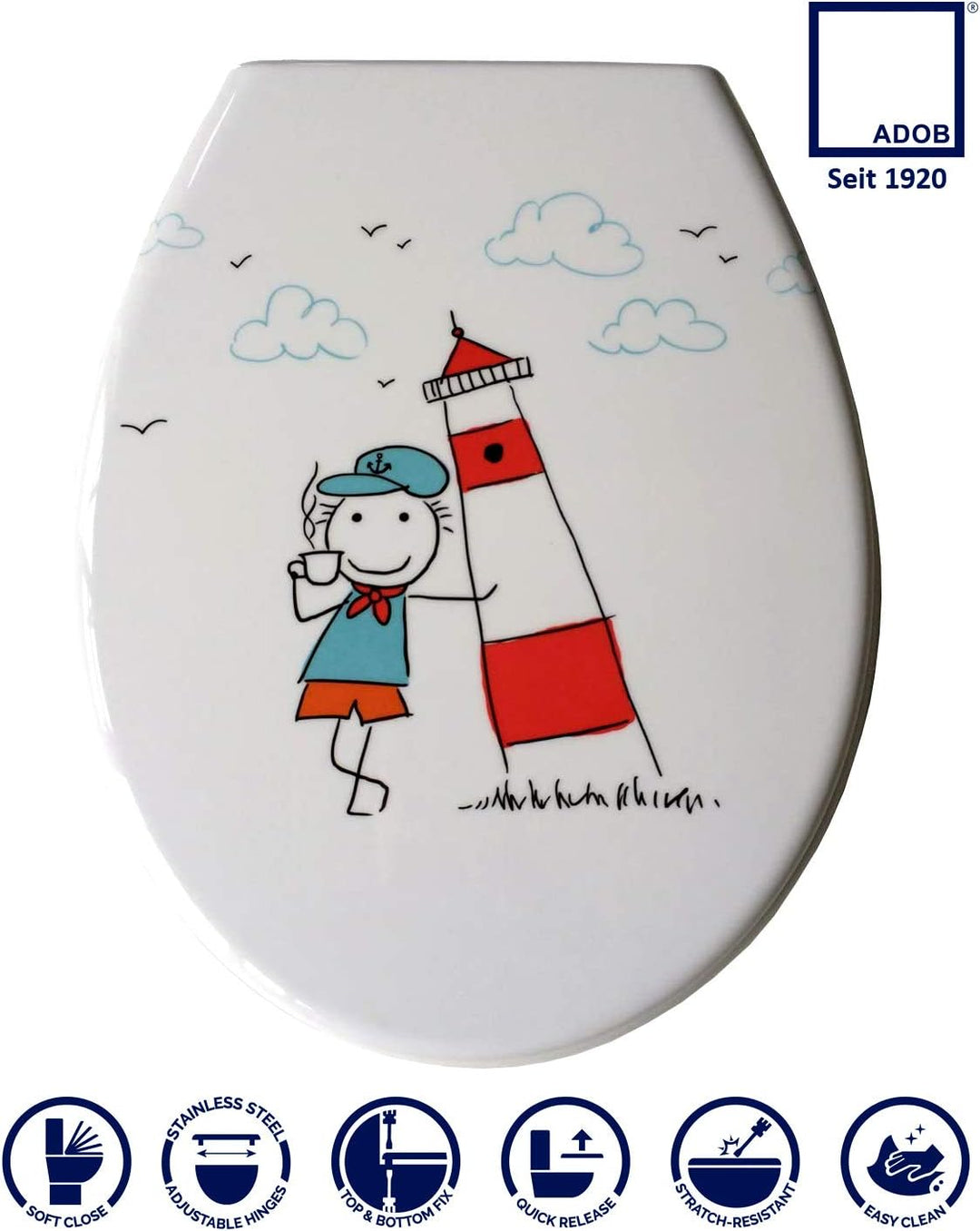 ADOB 59857 Duroplast WC Sitz Klobrille Modell Leuchtturm, Motiv, Absenkautomatik, zur Reinigung Abne