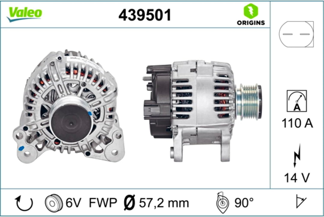 VALEO 439501 Generator Ladestrom des Generators: 110 Amp Rippen: 6 rippen Riemenscheibe Ø: 57,2 mm S