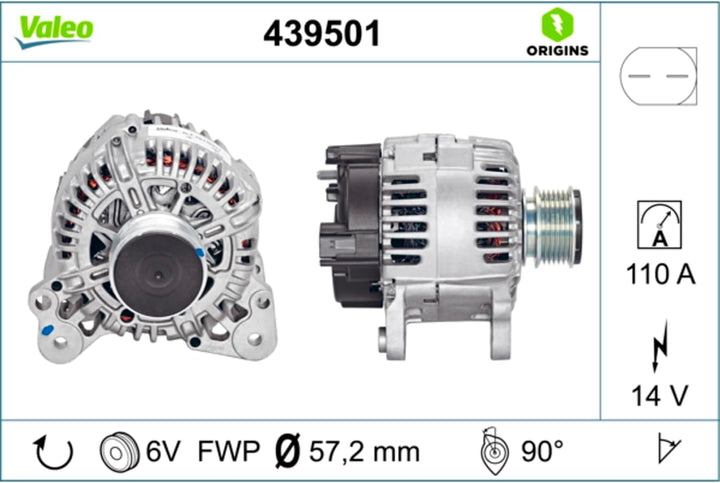 VALEO 439501 Generator Ladestrom des Generators: 110 Amp Rippen: 6 rippen Riemenscheibe Ø: 57,2 mm S