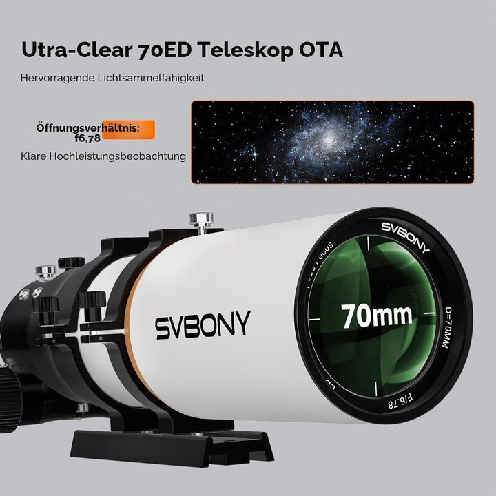 Svbony SV503 Teleskop OTA, Refraktor-Teleskop, 70mm F6,78 ED Objektiv, 2-Element-Korrektoren Eingeba
