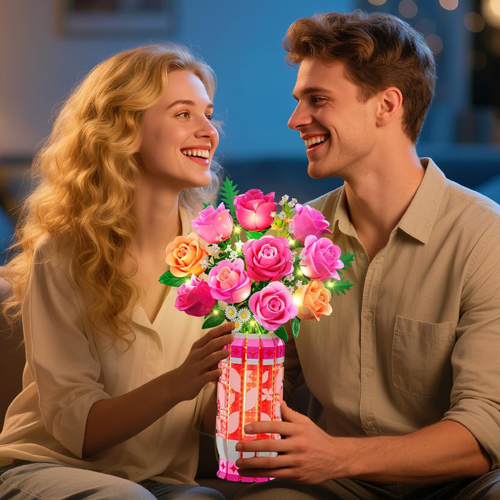 Romantischer Rosa Rosenstrauss-Bausatz mit Vase und LED-Licht, 845 PCS Blumen-Baustein-Spielzeug, Ge