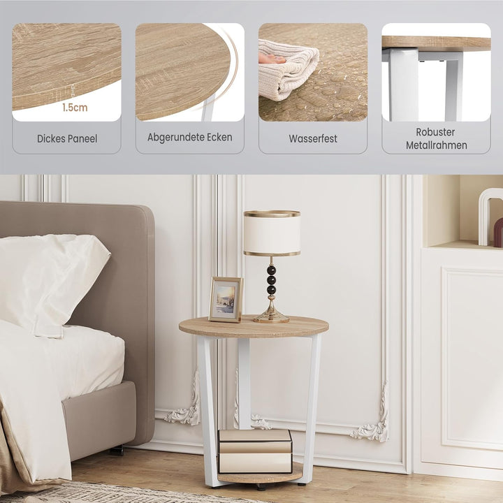 WOLTU Couchtisch rund, Beistelltisch modern, Wohnzimmertisch klein, Sofatisch mit 2 Ablagen, Wohnzim