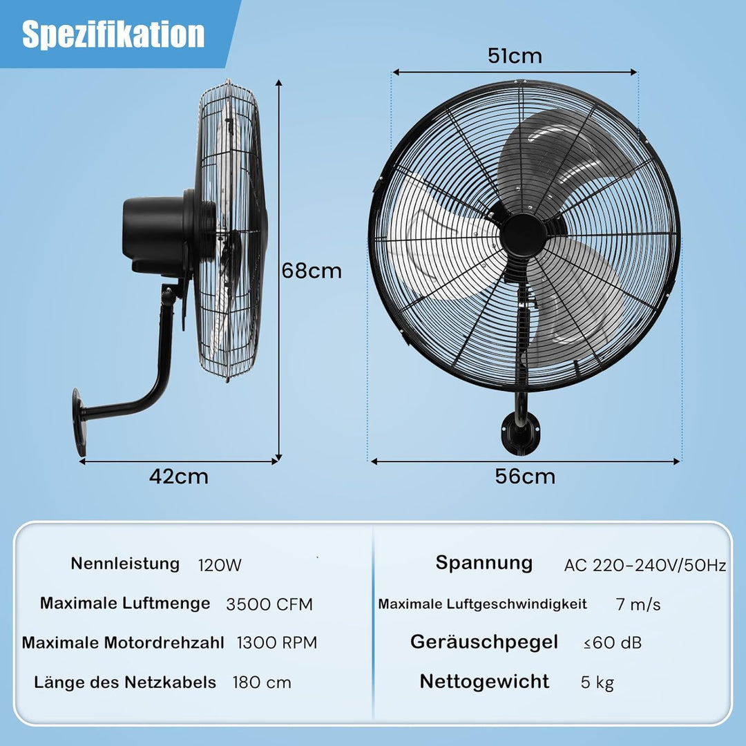 RELAX4LIFE Wandventilator mit 3 Geschwindigkeitsstufen, 85°Oszillation & 30°Neigung, 120W Ventilator