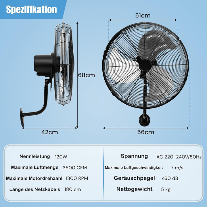 RELAX4LIFE Wandventilator mit 3 Geschwindigkeitsstufen, 85°Oszillation & 30°Neigung, 120W Ventilator