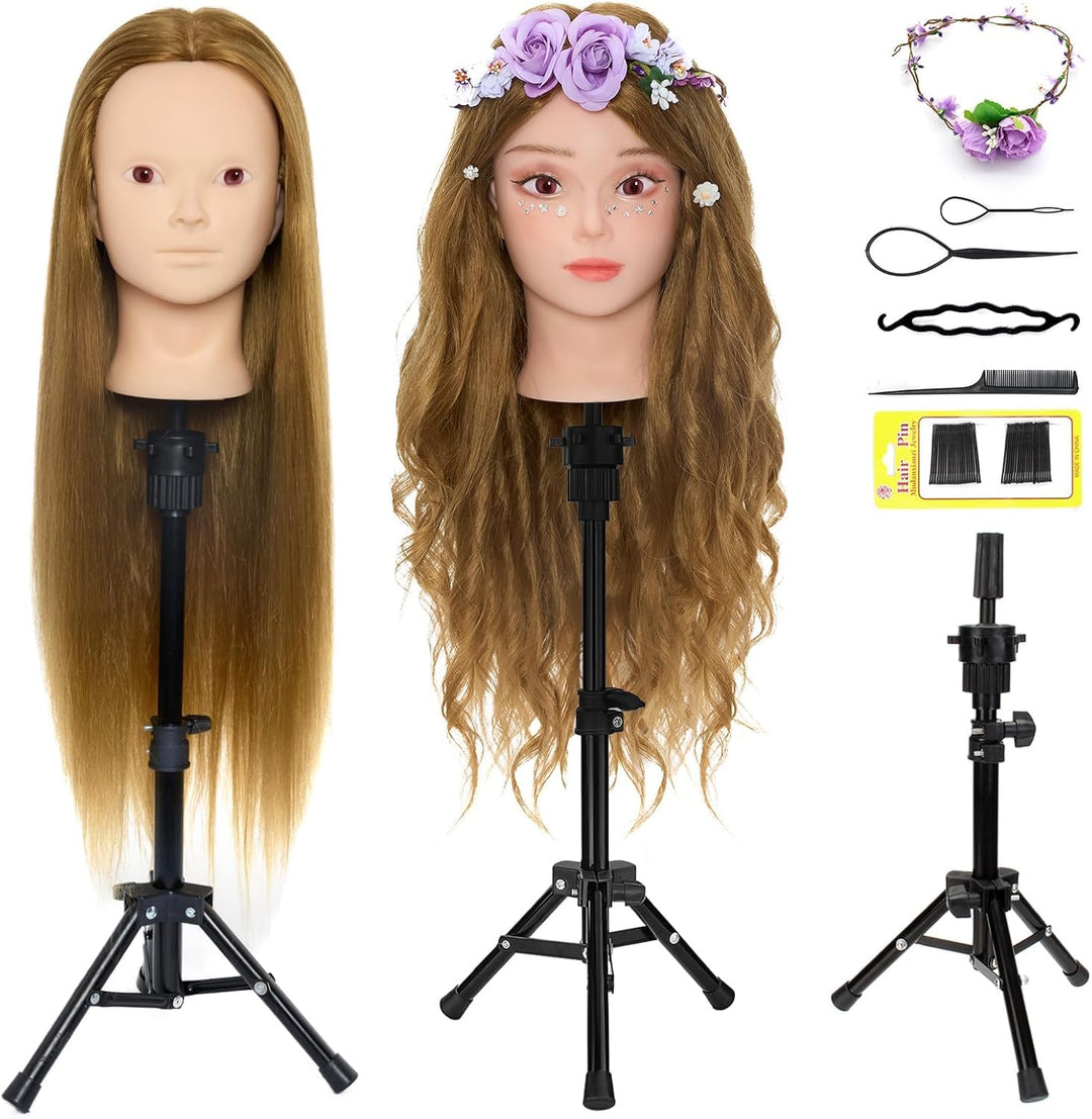 Neverland 24 inch Schminkkopf Frisierkopf Friseur mit Ständer 50% Echthaar Haar Übungskopf Trainings