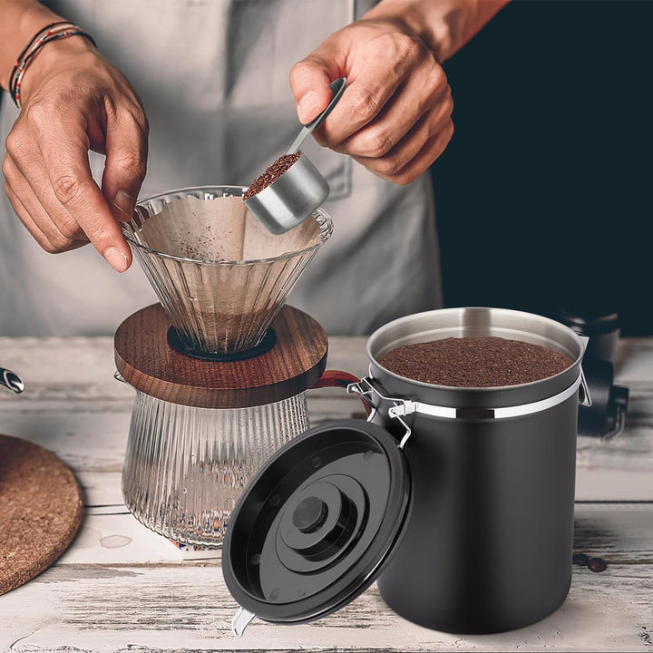 Kaffeedose Luftdicht 1kg Bohnen, 2,8 L Edelstahl Kaffeebohnen Behälter Mit EdelstahllöFfel Und Datum