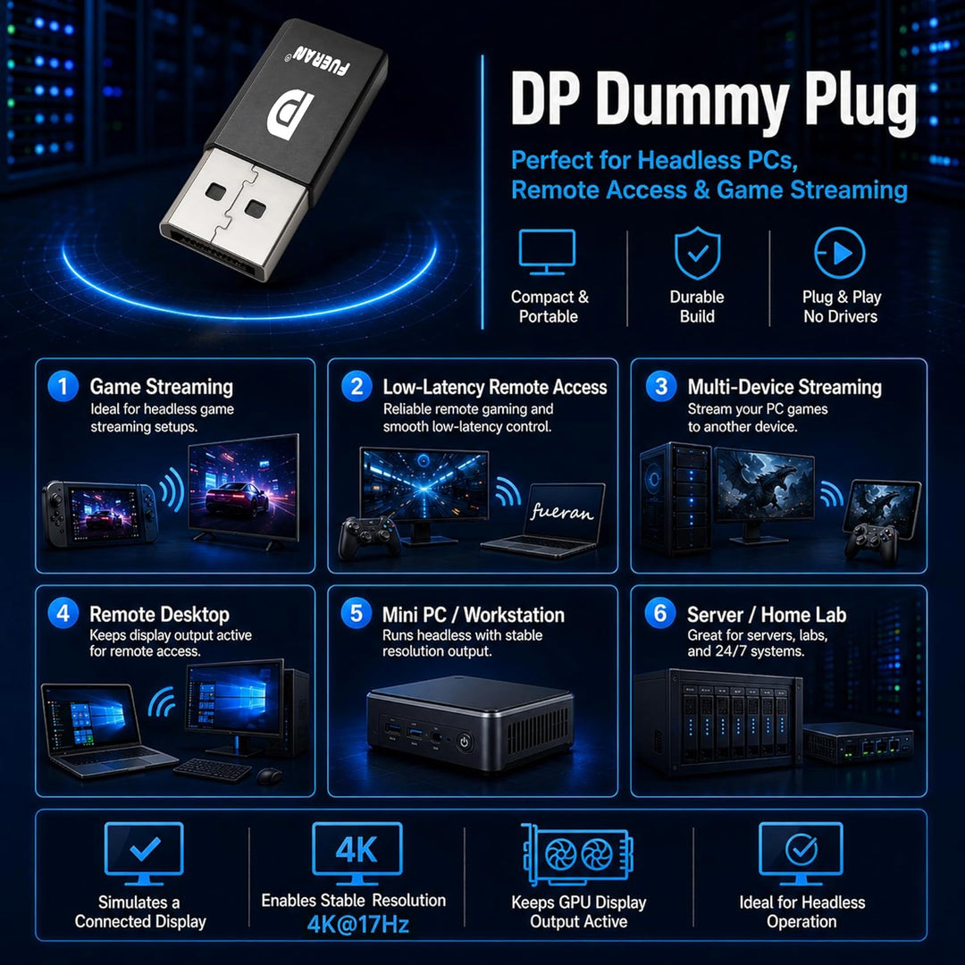 DP - DisplayPort Display & EDID Emulator Plug (2K: 2560x1600@30Hz, 4K: 4096x2160@60Hz) - DisplayPort