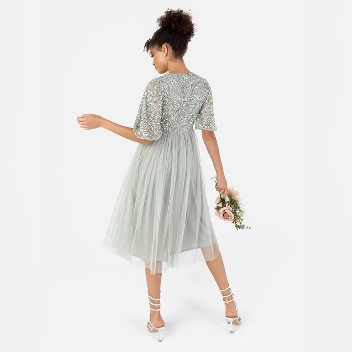 Maya Deluxe Damen Midi Abendkleid Cocktailkleid Abschlussball V-Ausschnitt Kurze Ärmel Tüllkleid Ele