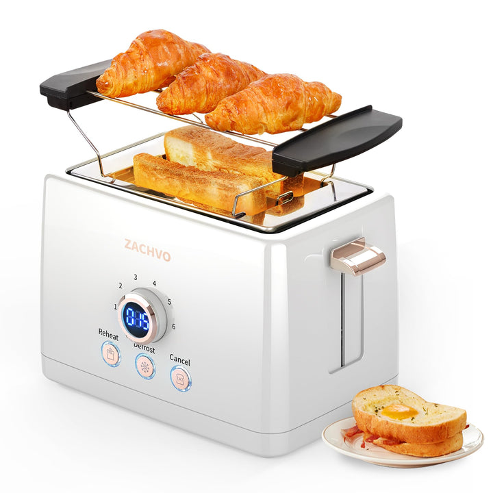 Toaster 2 Scheiben, ZACHVO Toaster mit Brötchenaufsatz, 6 Bräunungsstufe, 850W Herausnehmbare Krümel
