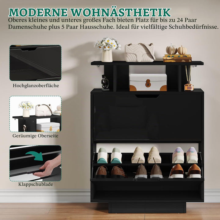 YITAHOME Schuhschrank Schmal Hochglanz, Schuhkipper mit 2 Klappen,80 x 24 x 106 cm Schuhregal Schmal