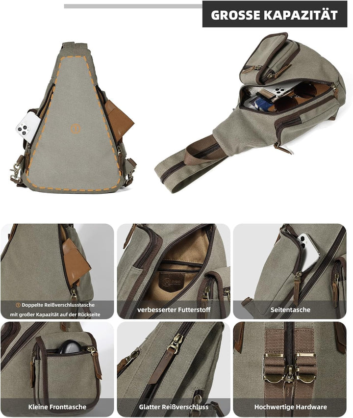KL928 Canvas Sling Bag Herren und Damen, Crossbody Brusttasche Schulterrucksack Schultertasche Rucks