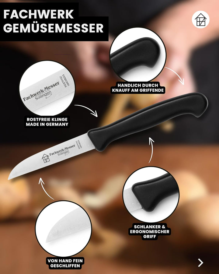 Fachwerk Gemüsemesser 4er Set – Küchenmesser aus Solingen, 7,5cm Klinge, 2x rot & 2x schwarz – schar