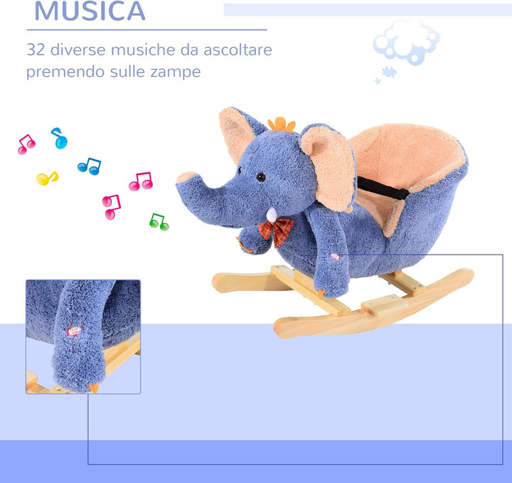 HOMCOM Schaukelpferd aus Holz Elefant für Kinder 60 x 33 x 45 cm Blau Elefant, Blau Elefant