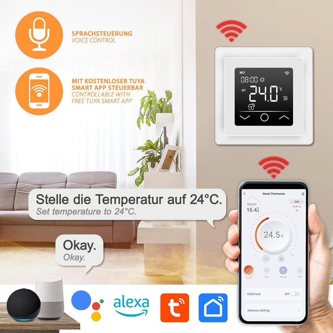 Mi-Heat Mi-750 Raumthermostat WLAN weiss - Tuya Smart App Alexa Google Home - wassergeführte und ele