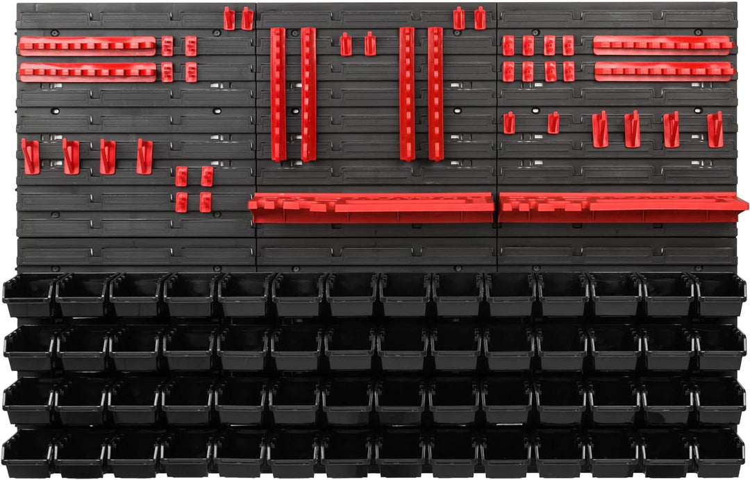 Lagersystem Werkstattregal | 117 x 78 cm | 56 stck. Box | Wandregal mit Werkzeughalterungen und Stap