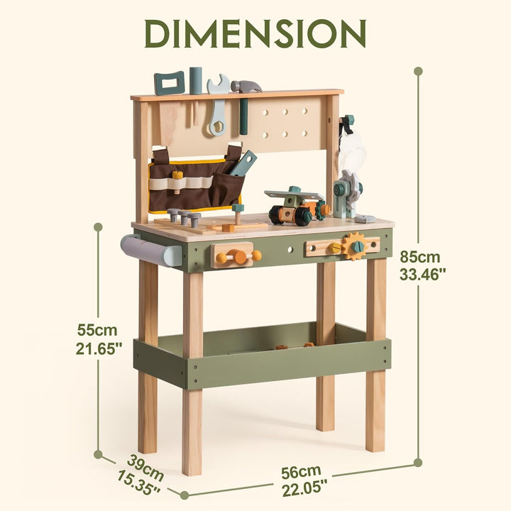 ROBOTIME Kinder Holz Werkzeugbank - Multifunktions-Werkbank Set mit Werkzeuggürtel, Hammer, Schraube