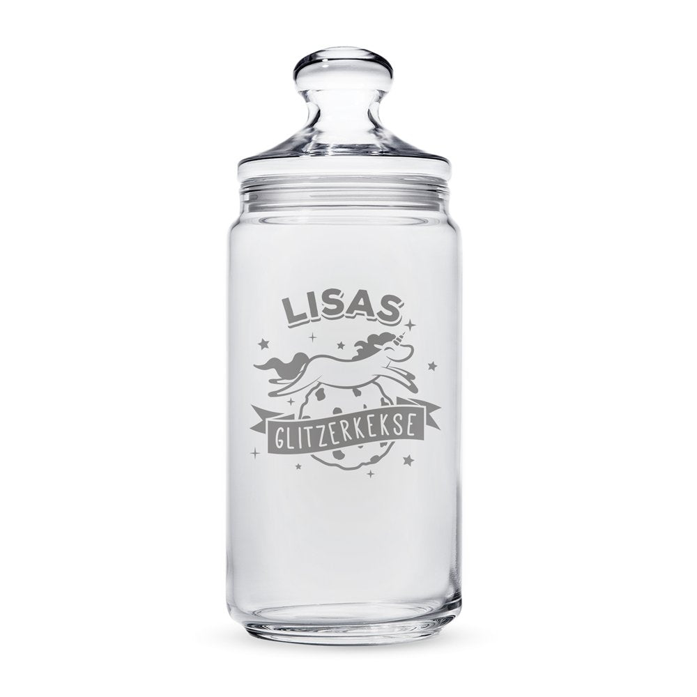 Keksglas mit Gravur, Einhorn Glas mit Motiv Glitzerkekse, Personalisiert mit Name, Aufbewahrungsglas