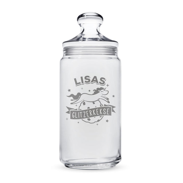 Keksglas mit Gravur, Einhorn Glas mit Motiv Glitzerkekse, Personalisiert mit Name, Aufbewahrungsglas