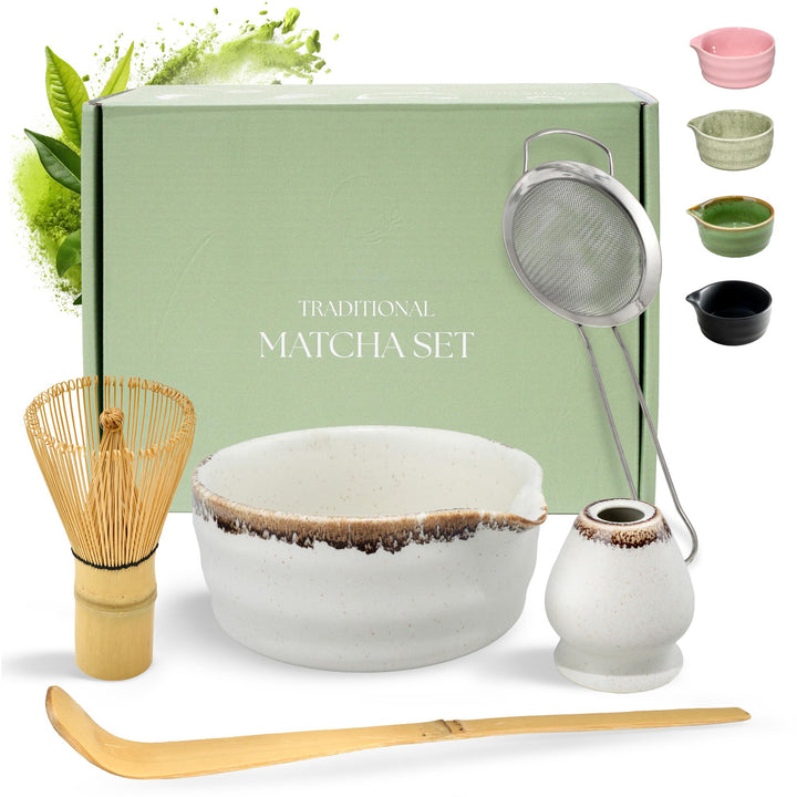 comforder Matcha Set mit Besen – Komplett mit Matchaschale mit Ausgiesser, Chasen, Halter, Löffel un