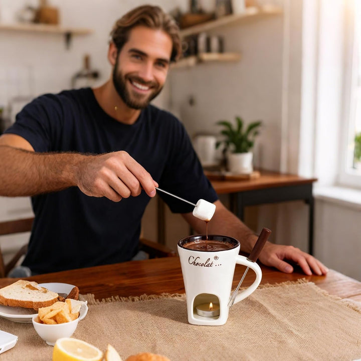 Schokoladen-Fonduetasse mit Gabeln, 130 ml, Schokoladenschmelzbecher, Keramik-Butterwärmer, Set, per