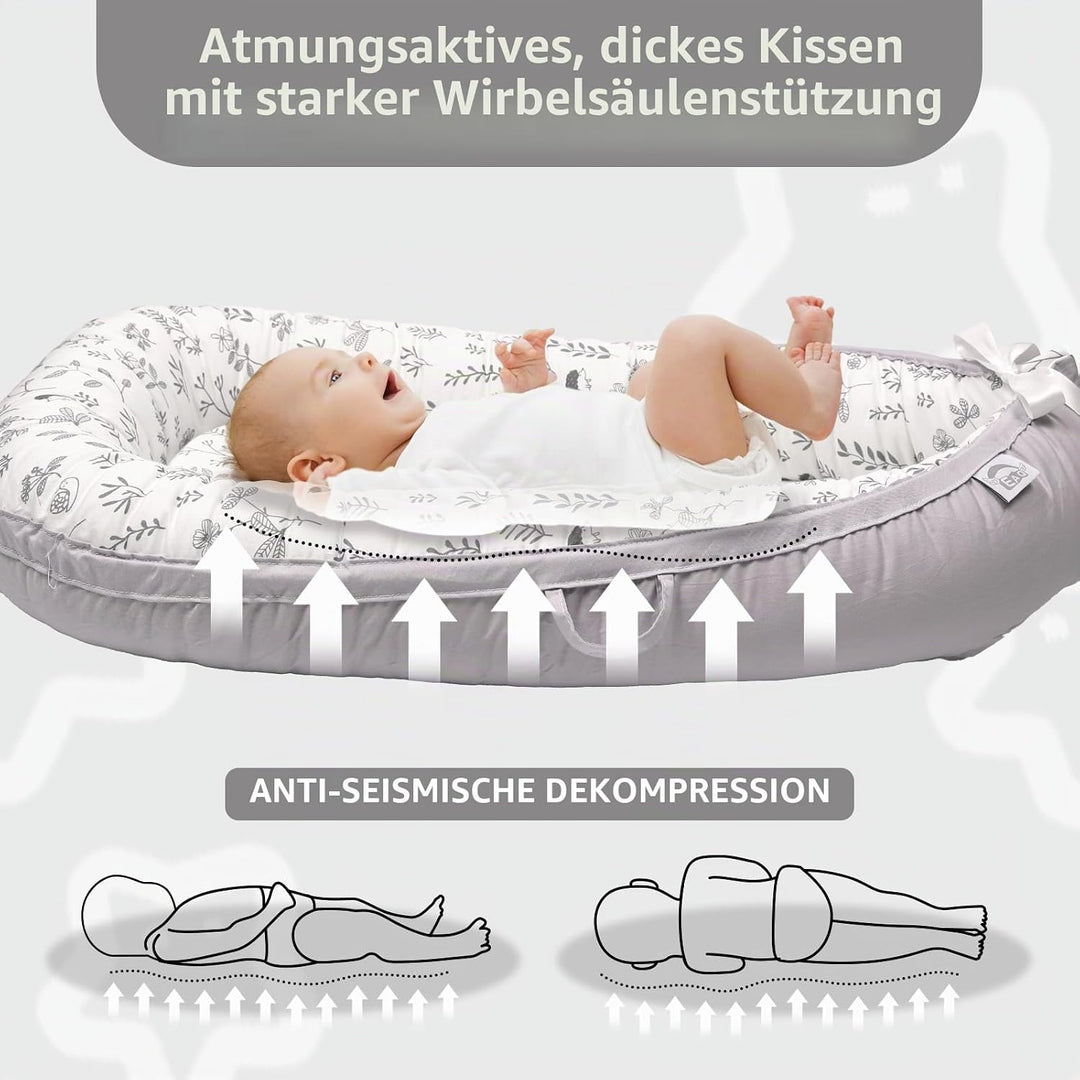 EAQ Babynest Nestchen Baby Weiches Atmungsaktives baby bett Blätter Hellgrau, Blätter Hellgrau