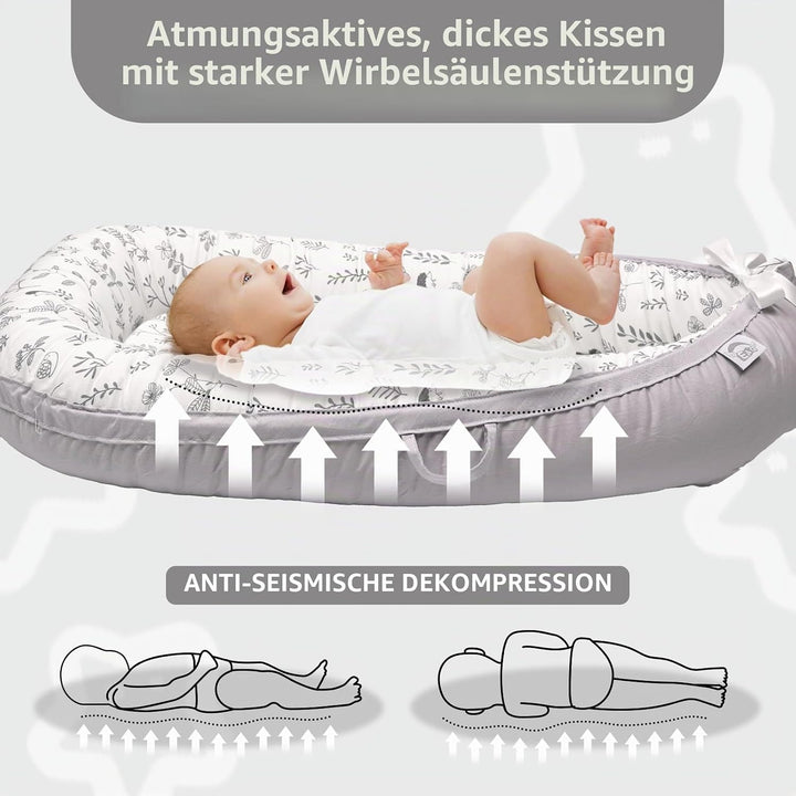EAQ Babynest Nestchen Baby Weiches Atmungsaktives baby bett Blätter Hellgrau, Blätter Hellgrau