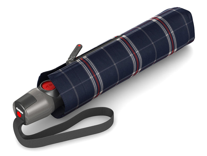 Knirps T.200 Taschenschirm Duomatic Check Navy - inkl. Futteral im Schirmdesign - Hochqualitative Ve