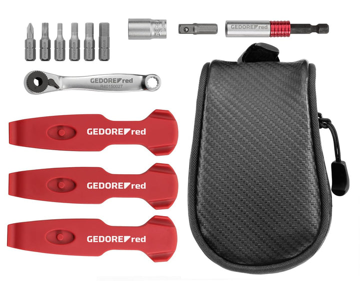 GEDORE red Fahrrad Werkzeugset für unterwegs, 13-teilig, Reifenwechsel, Bits, Knarre, Adapter, Steck