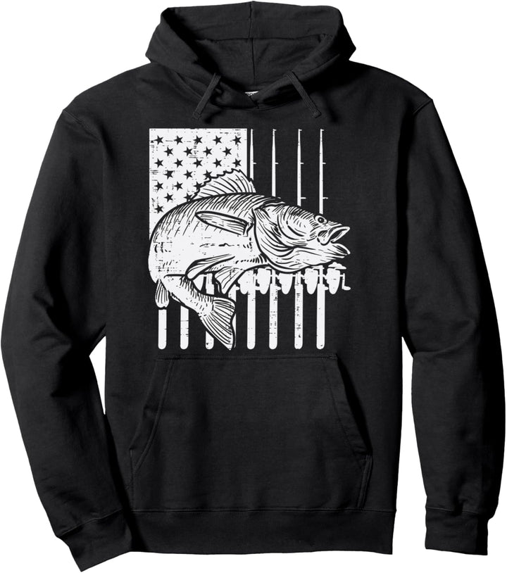 White US Flag Fish Vintage Fishing Patriotic Fisherman Gift Pullover Hoodie