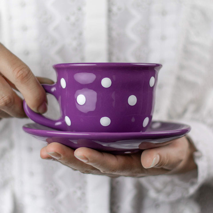 City to Cottage® - Kaffeebecher Teetasse 250 ml | Lila und Weiss | Polka Dots | Handgemacht | Kerami