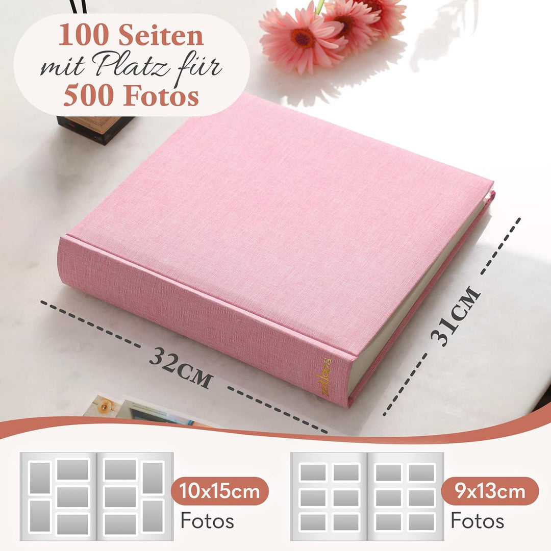 Fotoalbum zum Einkleben - Platz für 500 Fotos (100 Seiten oder 50 Blatt). Echtes leinen in rosa Foto
