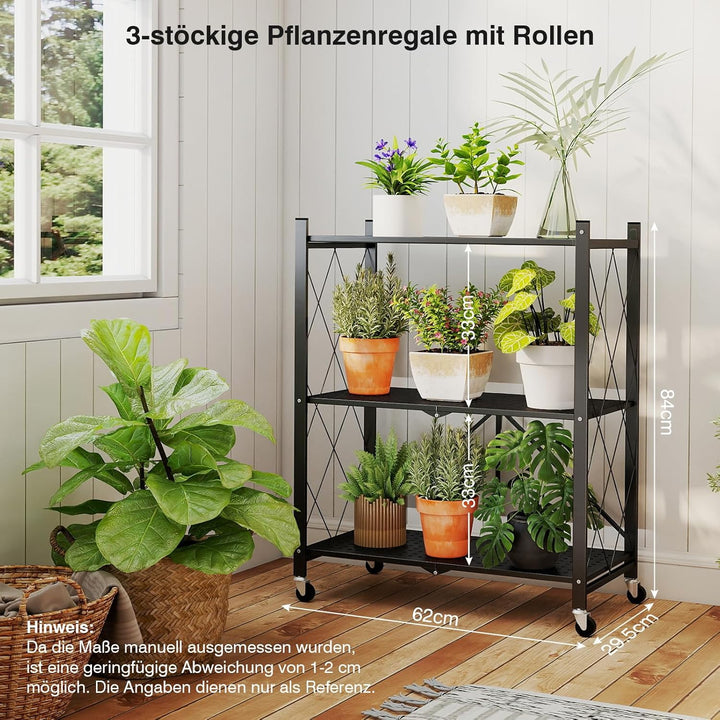 ALANNG Blumenständer mit Rädern, 3 Ablagen Stabiler Pflanzenständer, Metall Pflanzenregal Indoor Ein