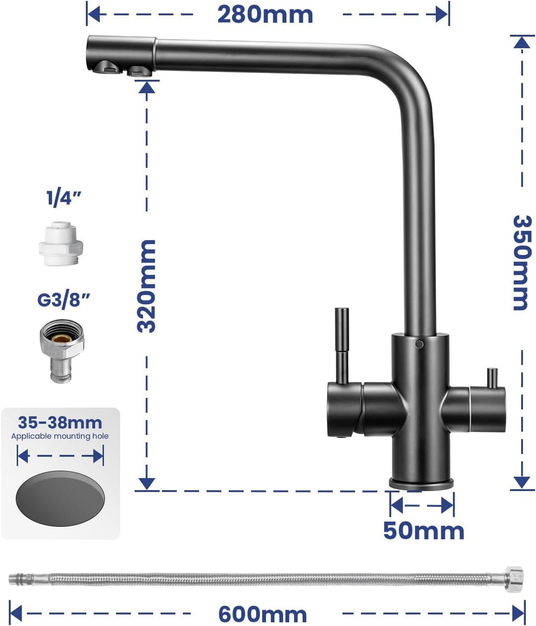 3 Wege Wasserhahn Küche Schwarz, Küchenarmatur Mit 2 Hebel, Mischbatterie Küche Mit Heissem Und Kalt