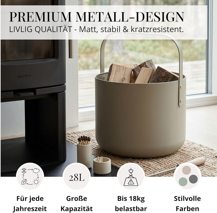 LIVLIG Design Kaminholzkorb Metall, Holzkorb für Kaminholz mit Henkel, Grosser Korb für Kaminholz 36