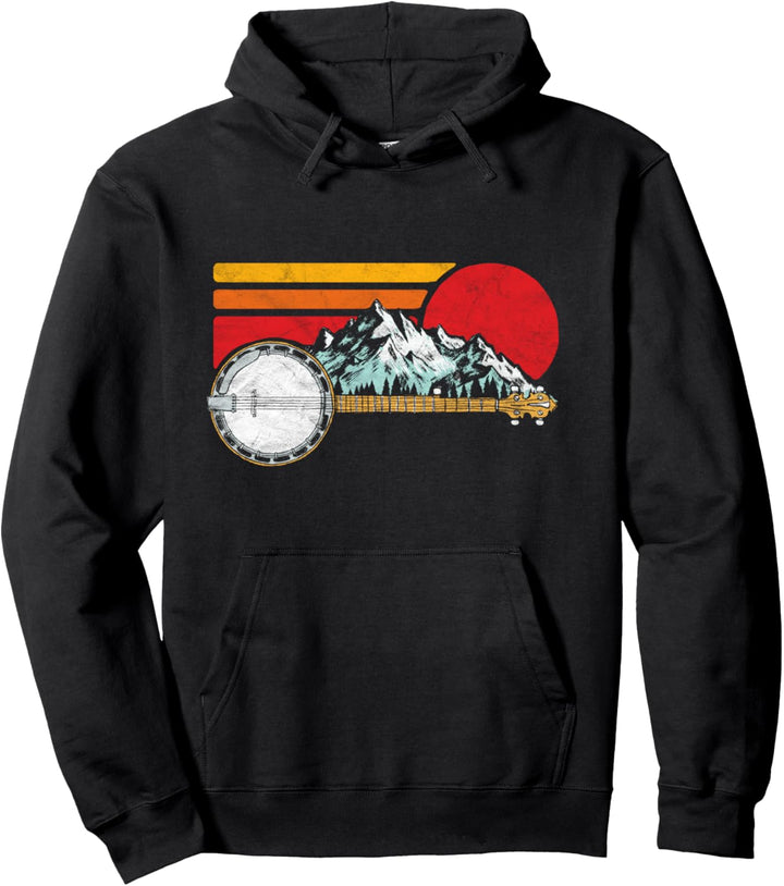 Retro Banjo Mountains & Sun Sketch Surf Style 80's Graphic Pullover Hoodie