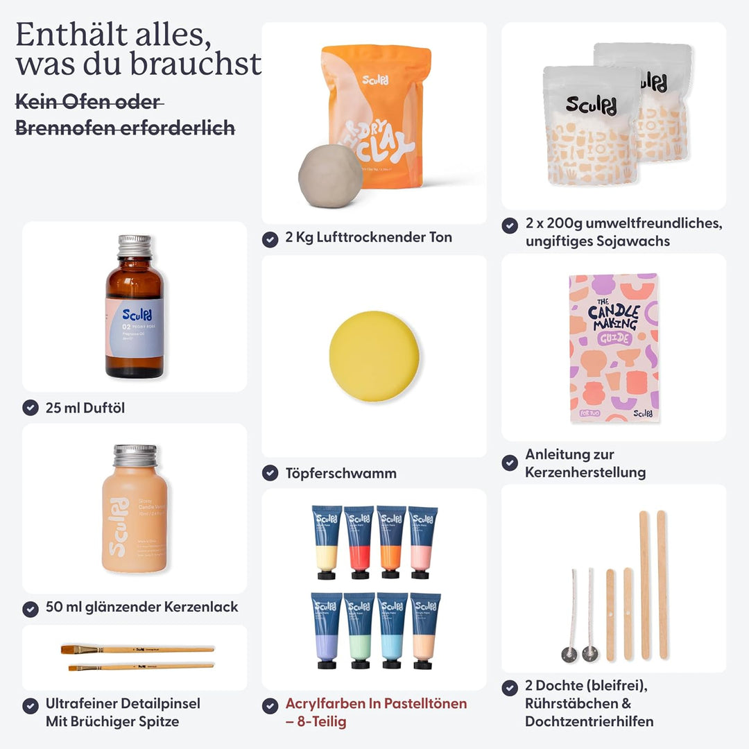 Sculpd Kerzenherstellung Töpferei Kit mit lufttrockenem Ton und Acrylfarbe Set, Anfänger Kerze Start