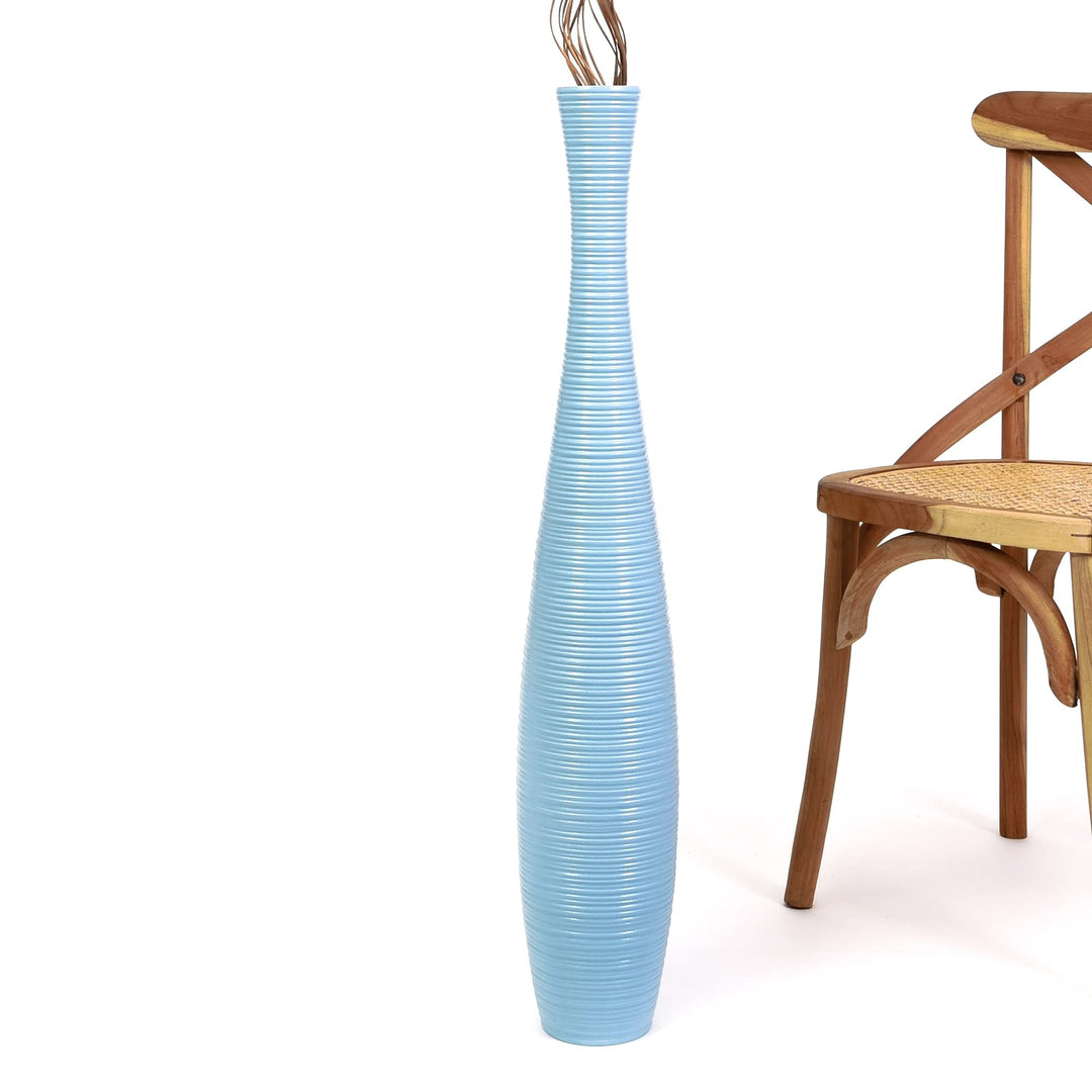 Leewadee Grosse Bodenvase für Dekozweige hohe Standvase Design Holzvase, Holz, 90 cm, Hellblau 90 cm
