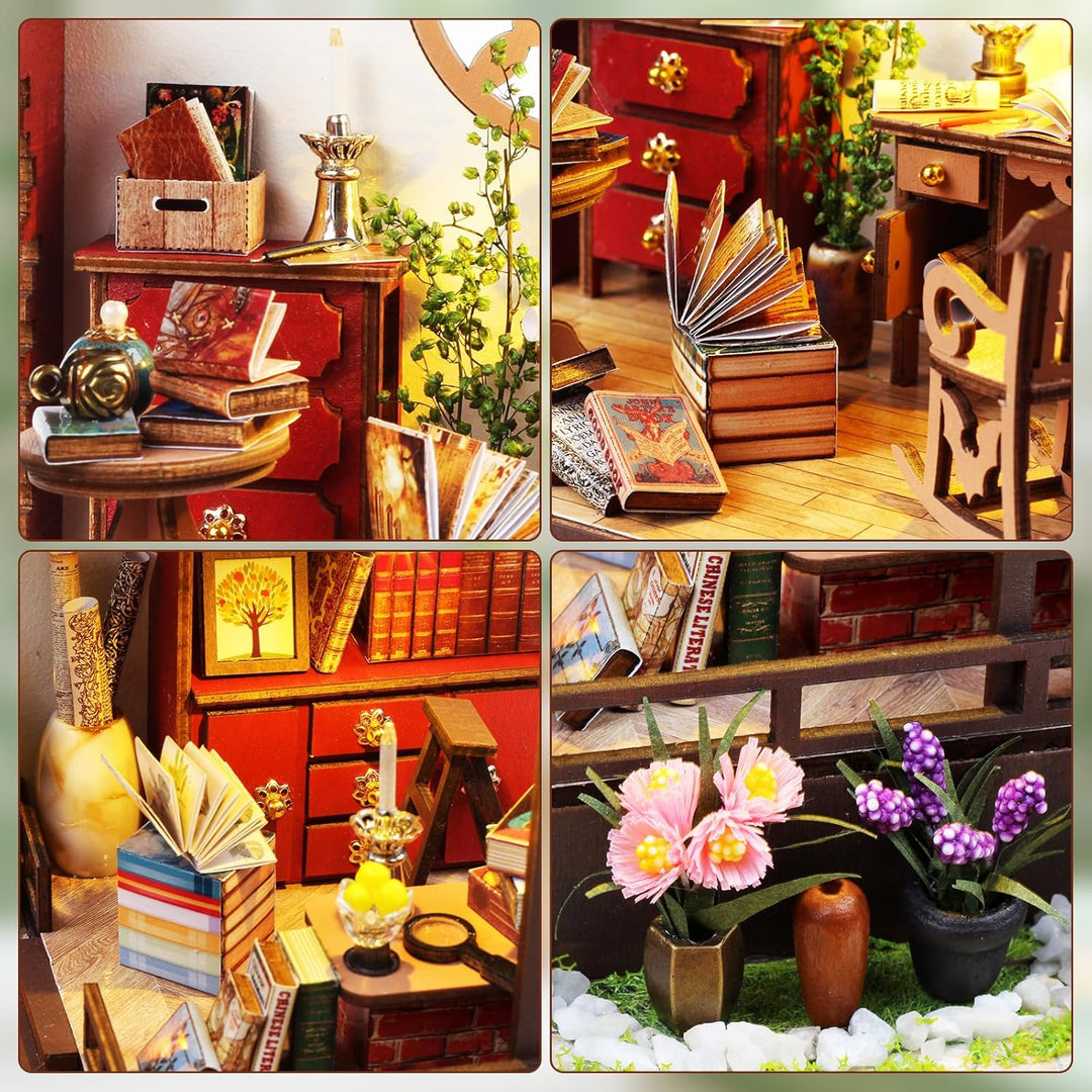 Book Nook Kit für Erwachsene DIY Miniature House mit Licht, 3D Holz Bücherregal Puzzle Booknook einf